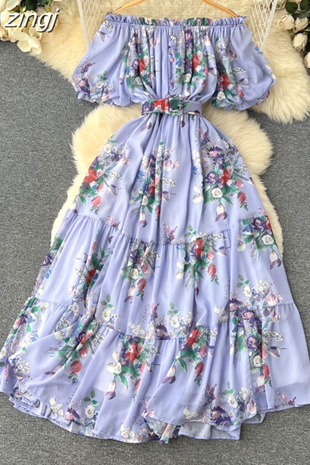 Maxct Bohemian Floral Chiffon Long Dress Women Sexy Off Shoulder Ruffle Puff Short Sleeve High Waist A-Line Big Swing Vestidos