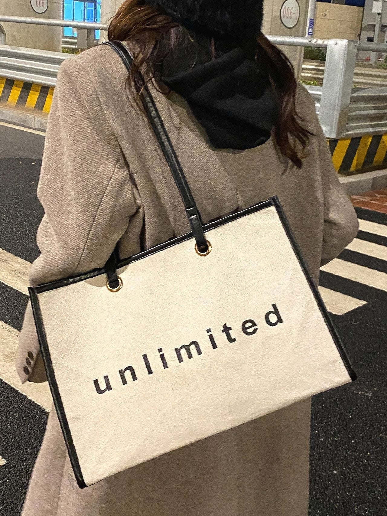 Maxct - Letter Graphic Contrast Binding Shopper Bag  - Women Tote Bags
