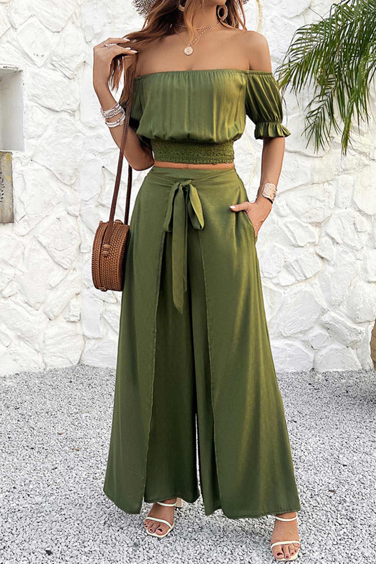 Maxct Off-shoulder Crop Top Tie-up Pants Suits