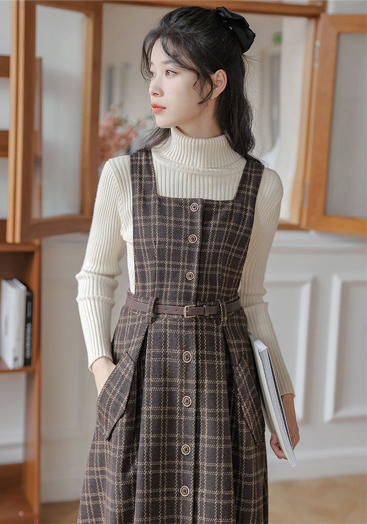 Button Up Plaid Pinafore Dress Maxct