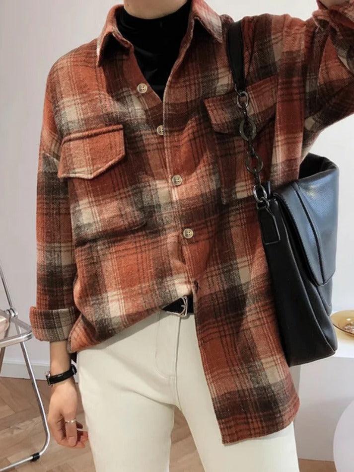Maxct Vintage Plaid Brushed Long Sleeve Blouse