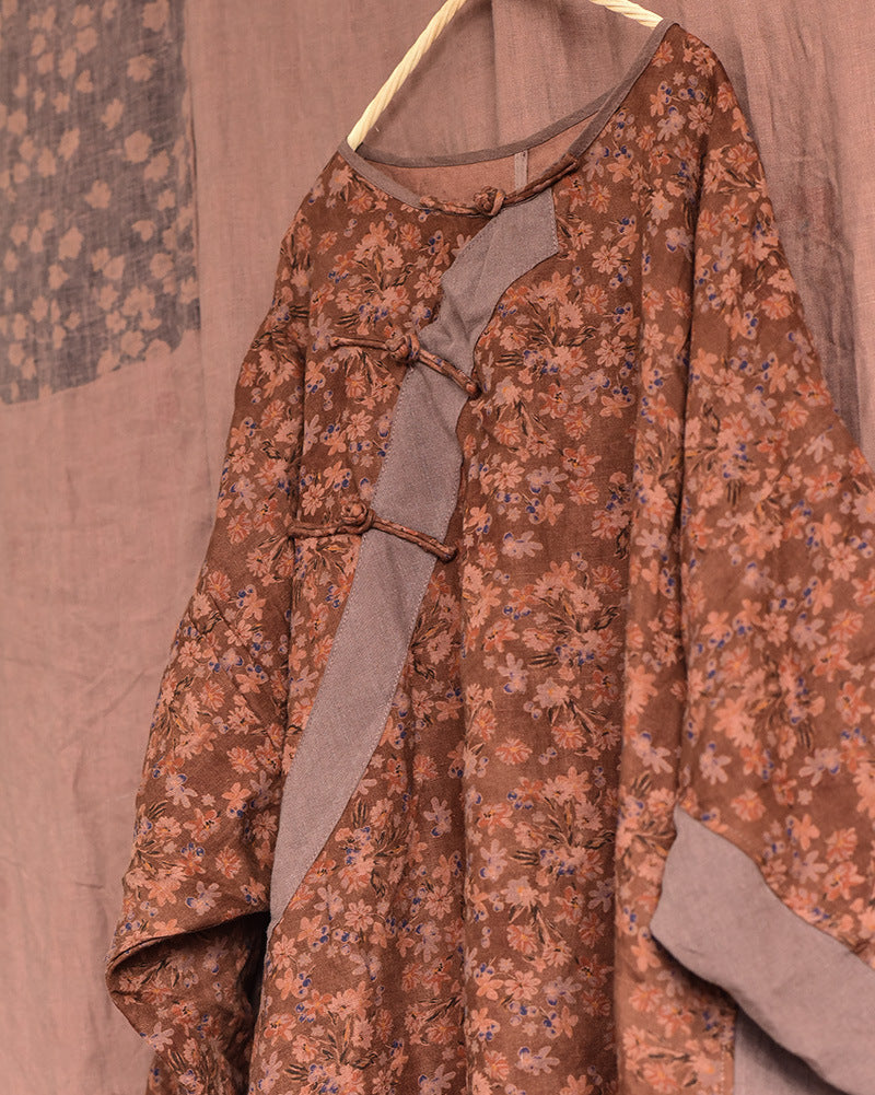 Vintage Distressed Floral Printed Mid-Length Linen Dress