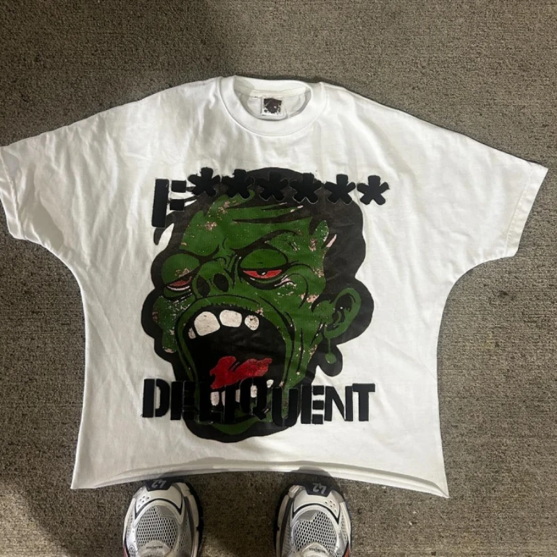 Maxct New round neck fashionable men retro pattern printed T-shirt Harajuku casual cotton Y2K couple top graphic t shirts