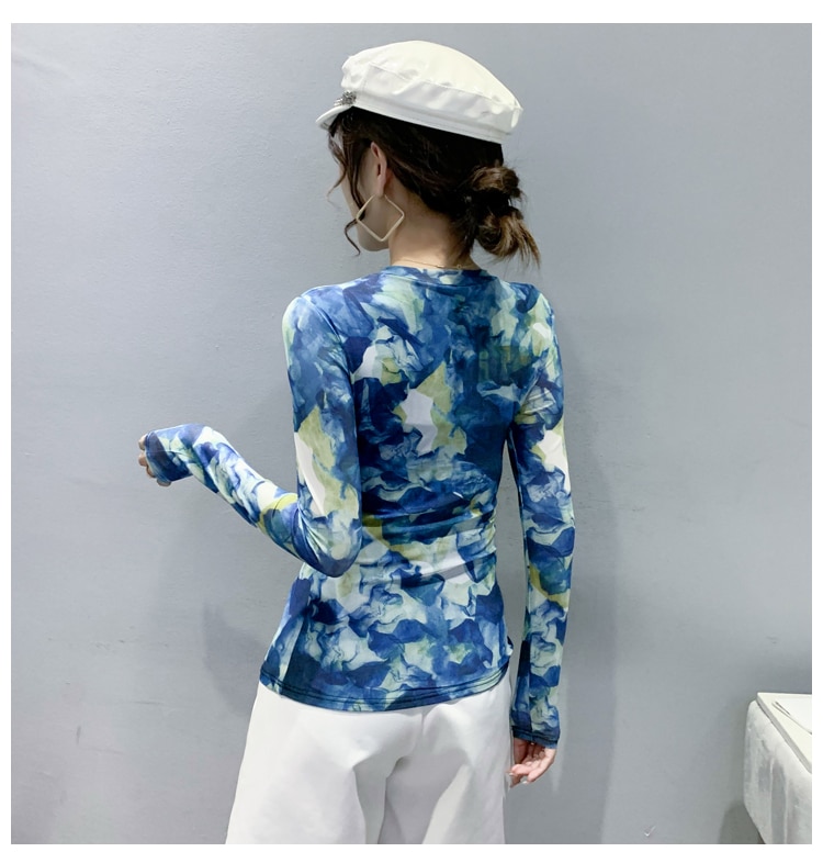 Maxct S-3XL Autumn Spring Full Sleeve O-Neck T-shirt Girls Solid Stretchy Printed Mesh TShirts Tops Women Tees