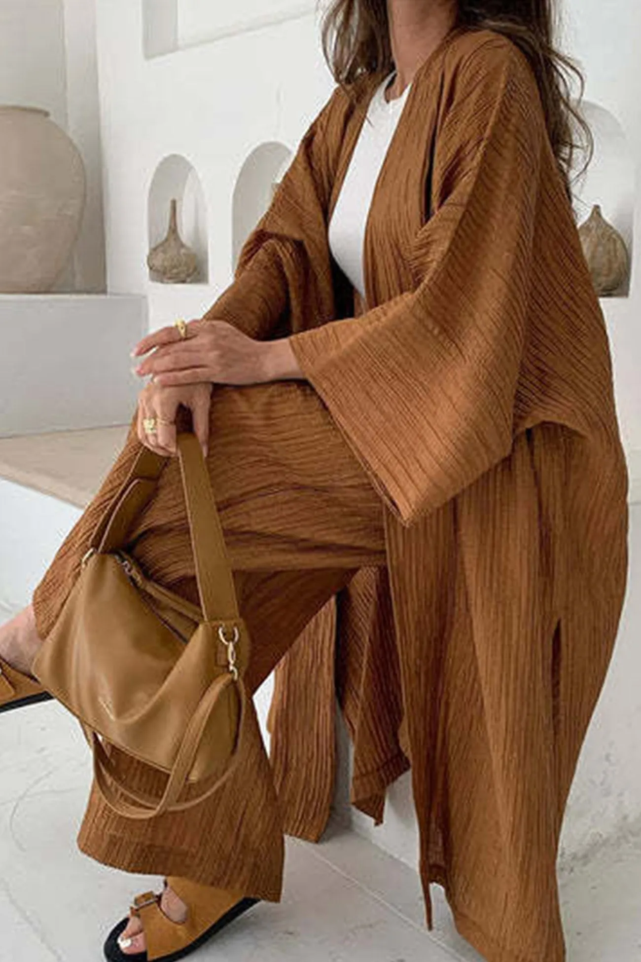 OLCooL Wrinkled Texture Open Front Cardigan Suits