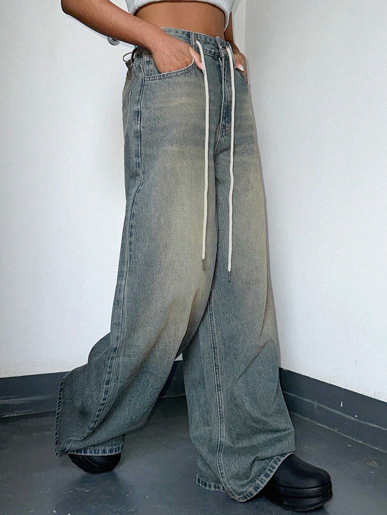 Maxct Women's Drawstring Waist Loose Fit Denim Pants