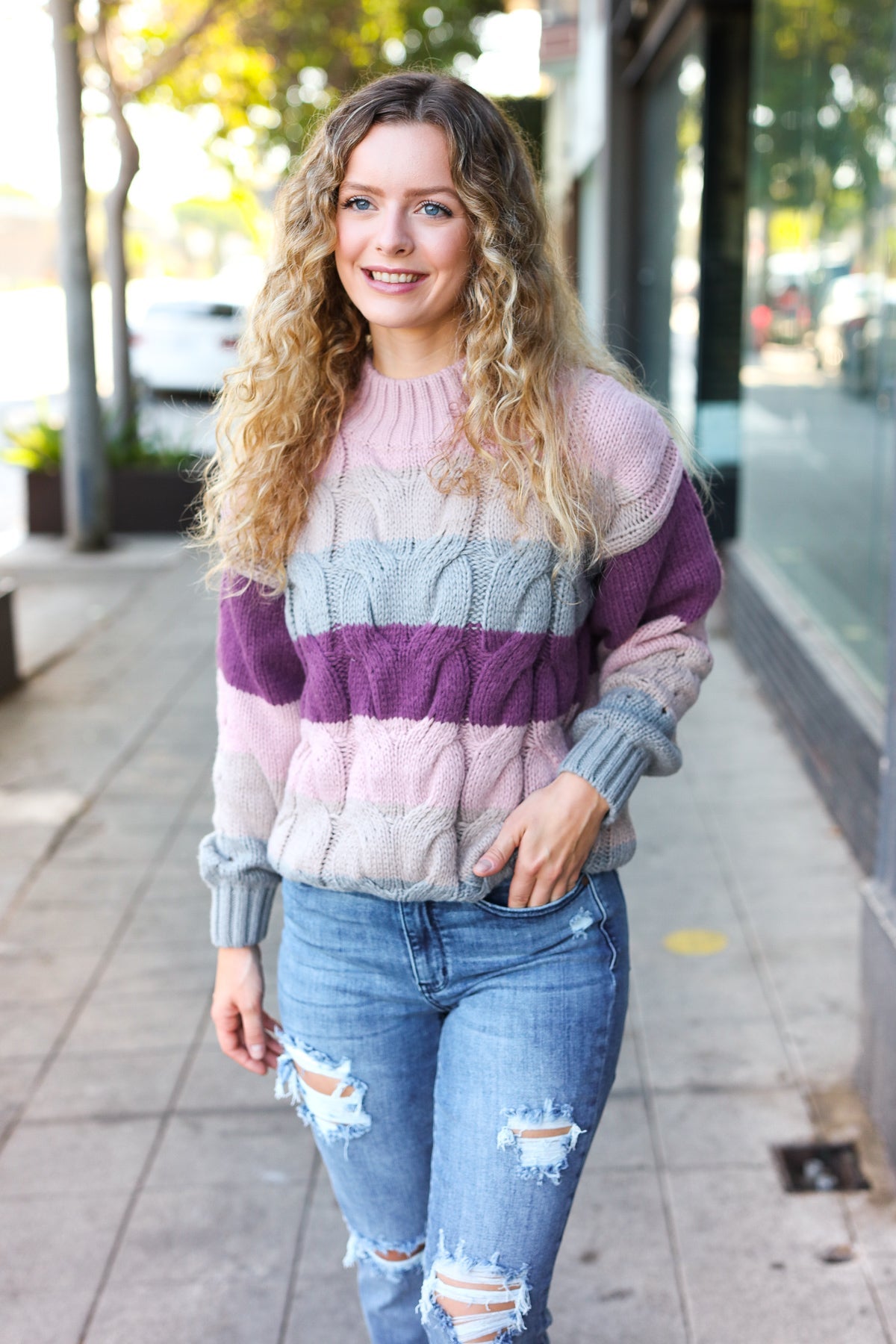 Maxct &Fall For You Mauve Multicolor Stripe Cable Knit Mock Neck Sweater