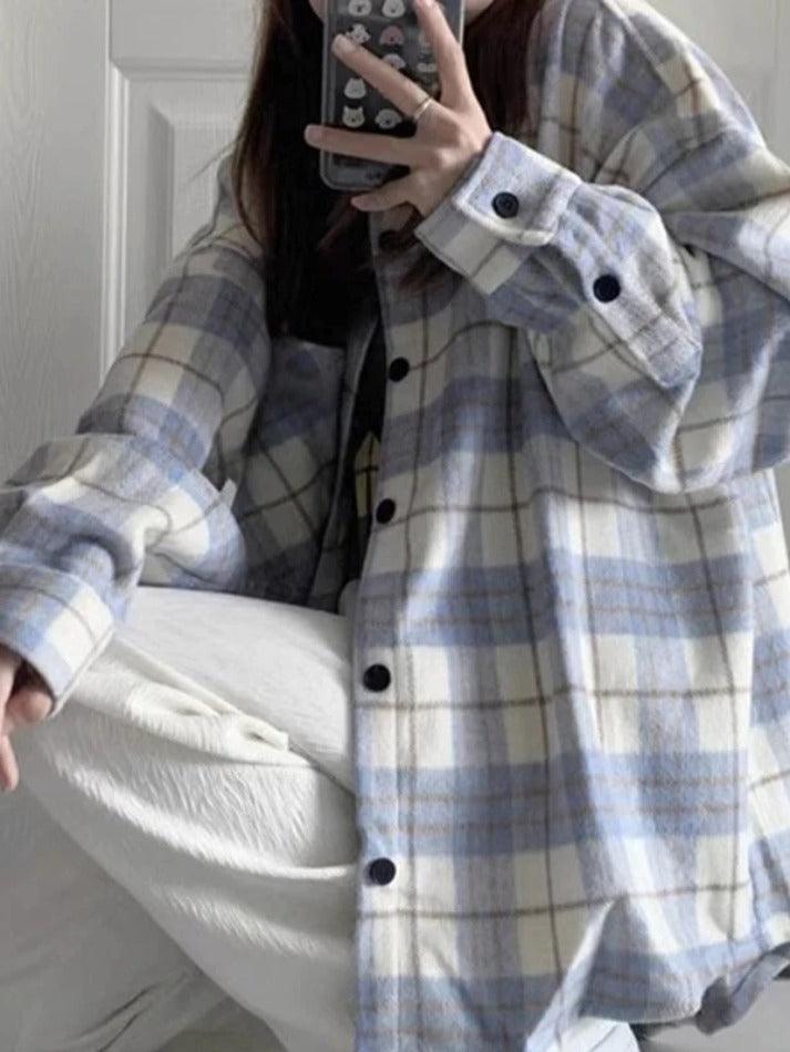Maxct Vintage Plaid Print Brushed Long Sleeve Blouse