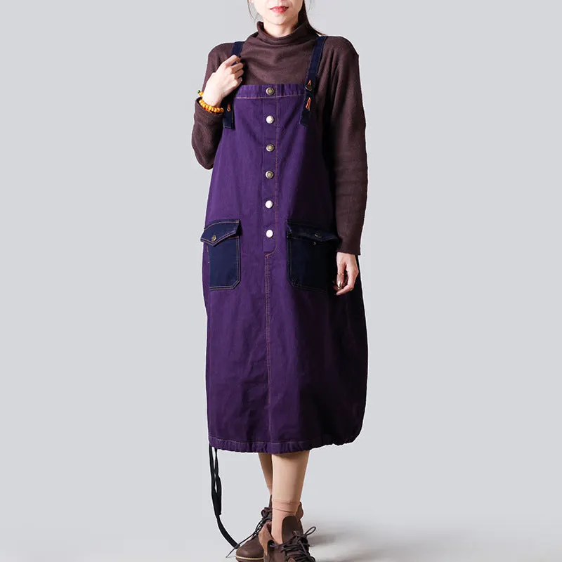 Maxct Women Retro Loose Fit Cotton Denim Suspender Dress