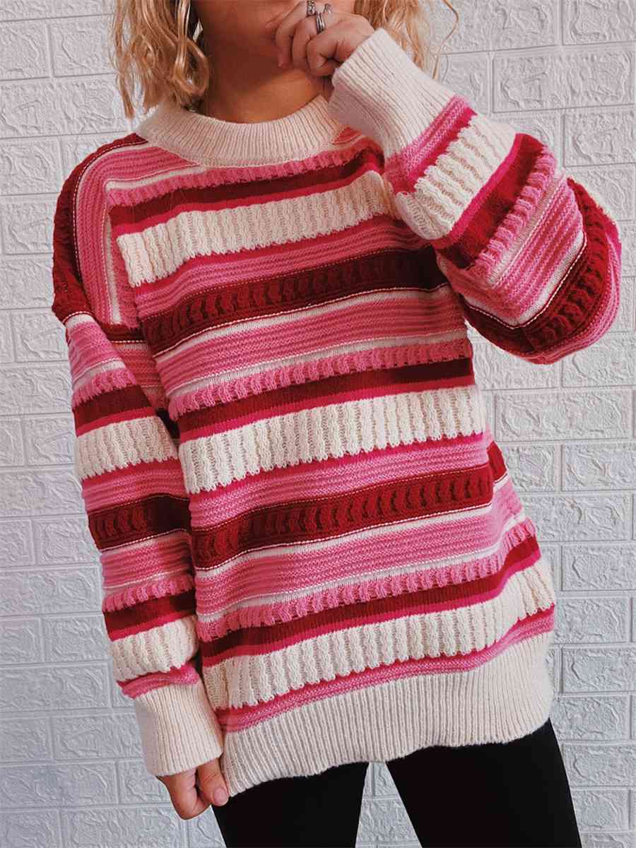 Maxct &Striped Drop Shoulder Round Neck Sweater