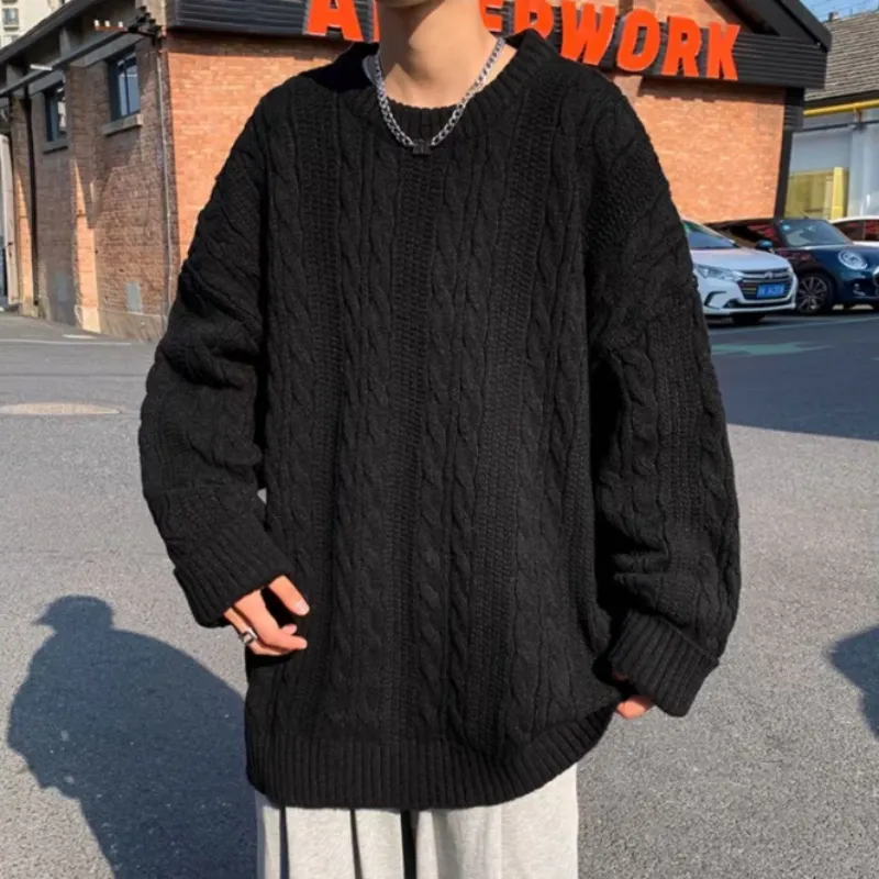 Maxct Pullover sweater men autumn winter pure color simple retro crewneck sweater lazy wind twist thread coat