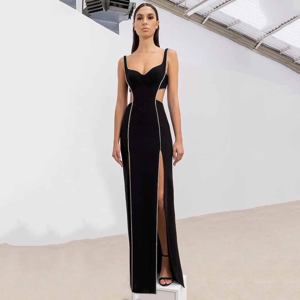 2023 Super Hot Summer Women's Wear Black Rhinestone Hollow Strap Long Dress
