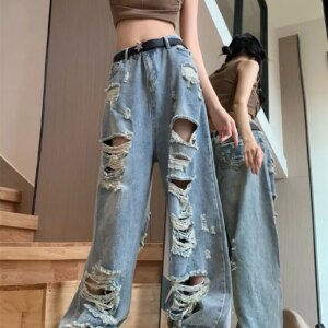 Frayed Detail High Waist Ripped Jeans Maxct