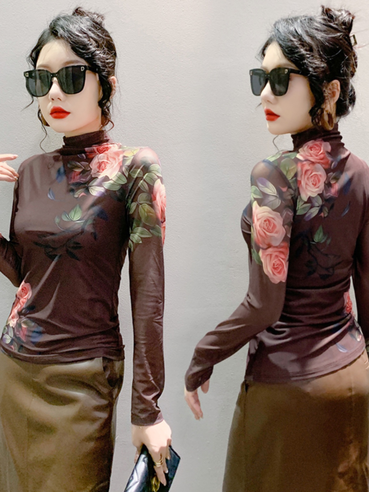 Maxct New High Neck Long Sleeve Mesh Positioning Printing T-shirt Women's Intimated Silk Light Fabric T Shirts Tops For Female