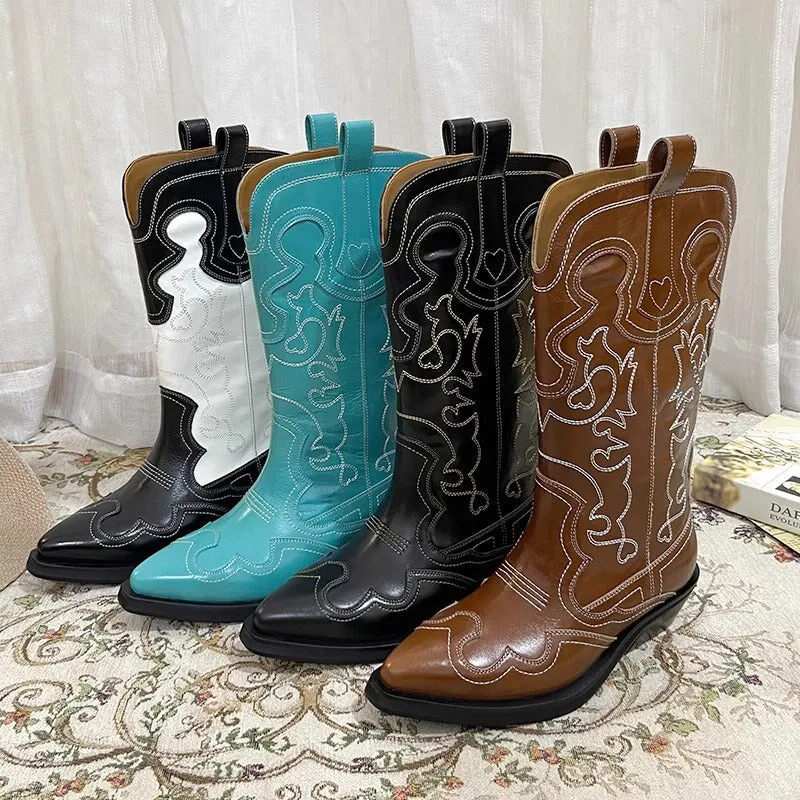 Womens Contrasting Embroidery Western Boots Mid Calf Cowboy Boots Maxct