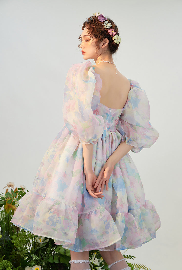 Watercolor Floral Puff Dress Maxct
