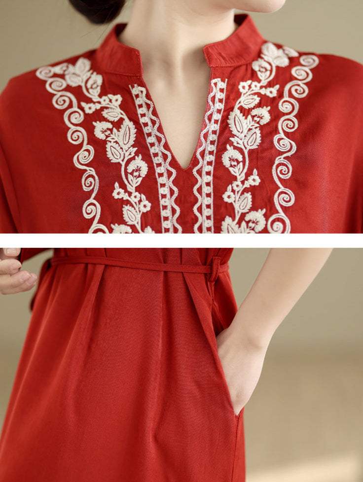 Maxct Women Spring Vintage Ethnic Embroidered Linen Maxi Dress