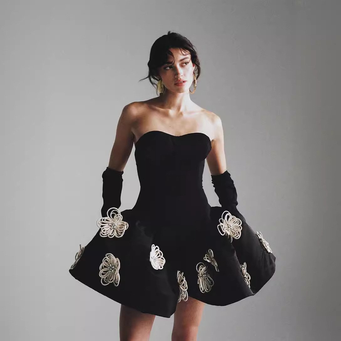 Maxct Explosions Women's Clothing French Hepburn Style Tube-top Tutu Skirt Black Flower Bandage Dress New Style