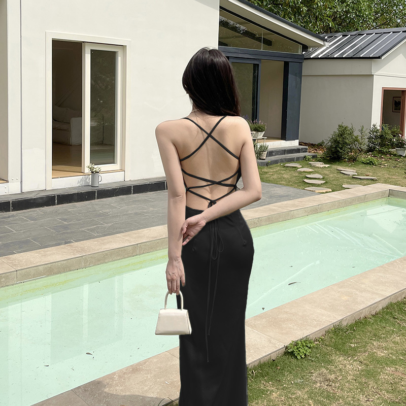 French Elegant Satin Camis Dress Backless Spaghetti Straps Midi Dress Y2K Solid Sleeveless Party Night Vestidos