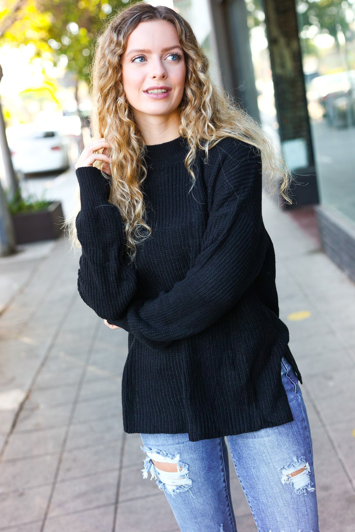 Maxct &Classy Chic Black Mock Neck Chest Pocket Knit Sweater