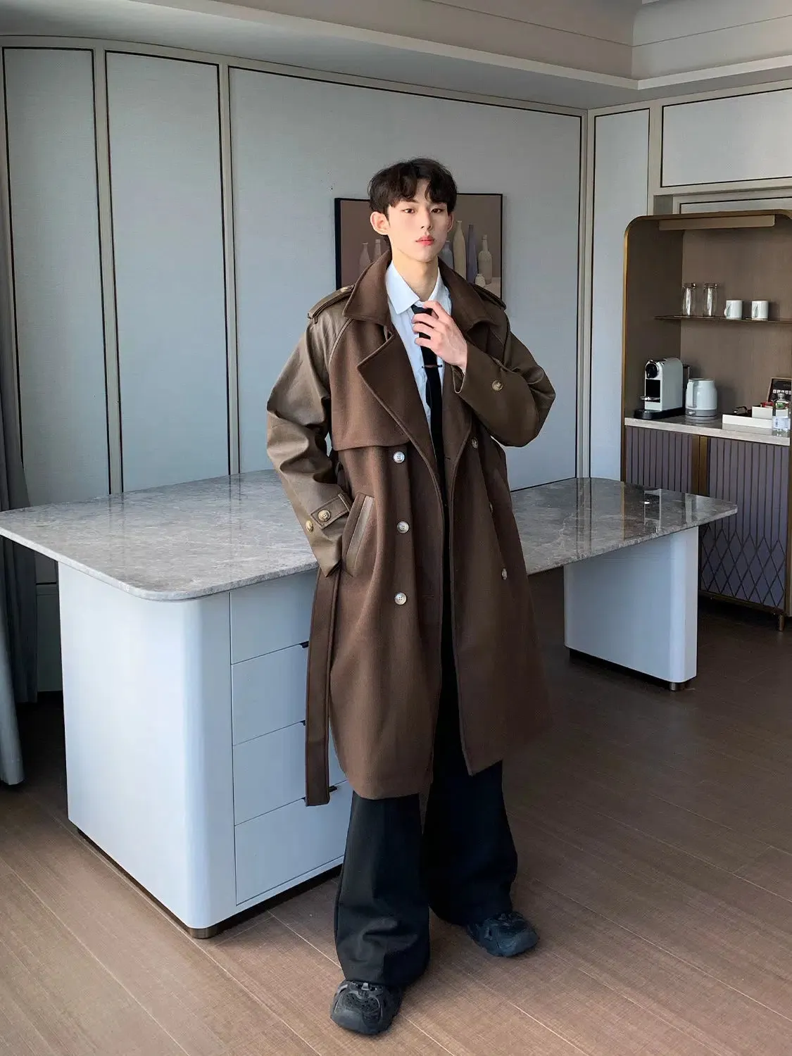 Maxct PU Leather Patchwork Wool Trench Coat