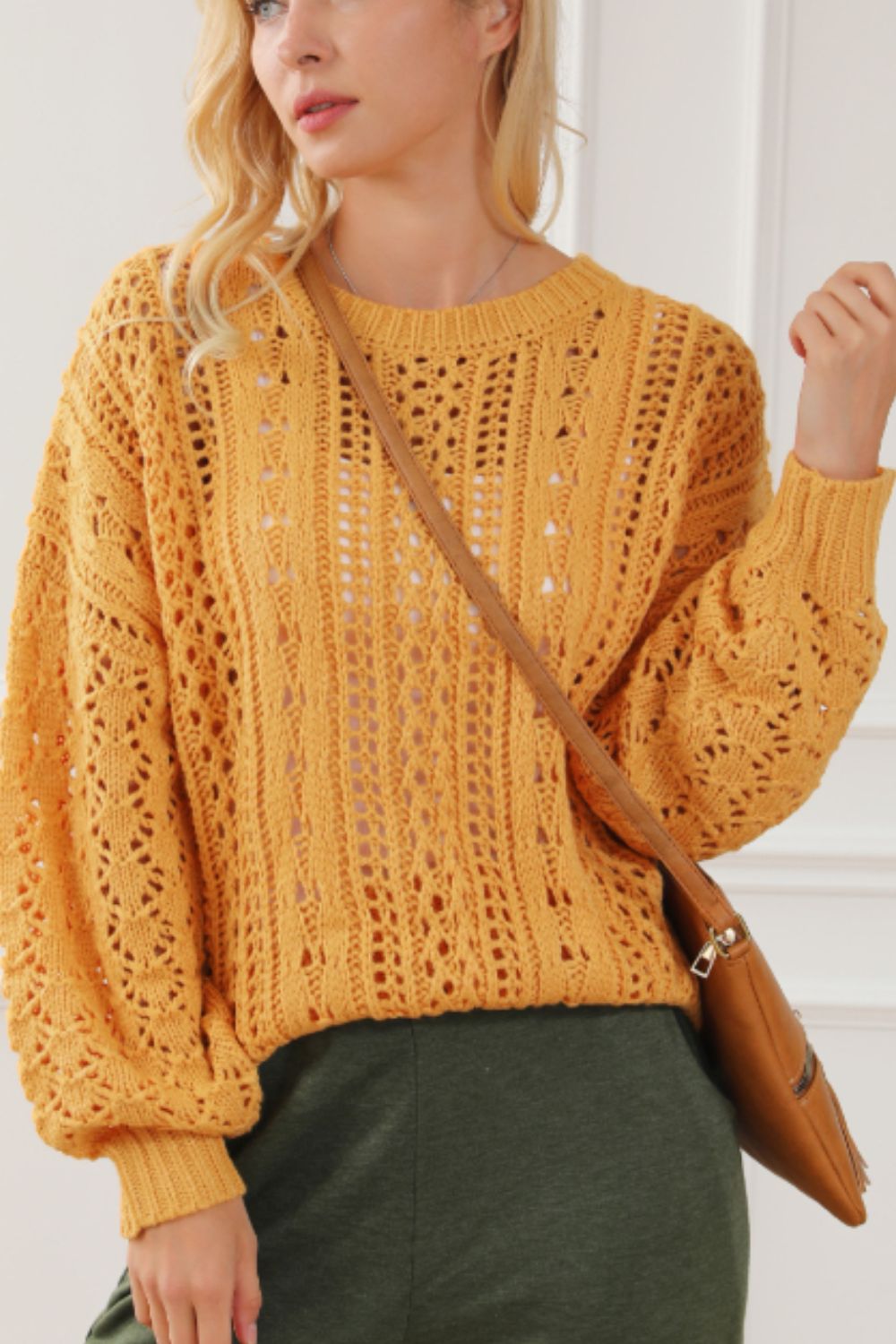 Maxct &Openwork Round Neck Drop Shoulder Sweater