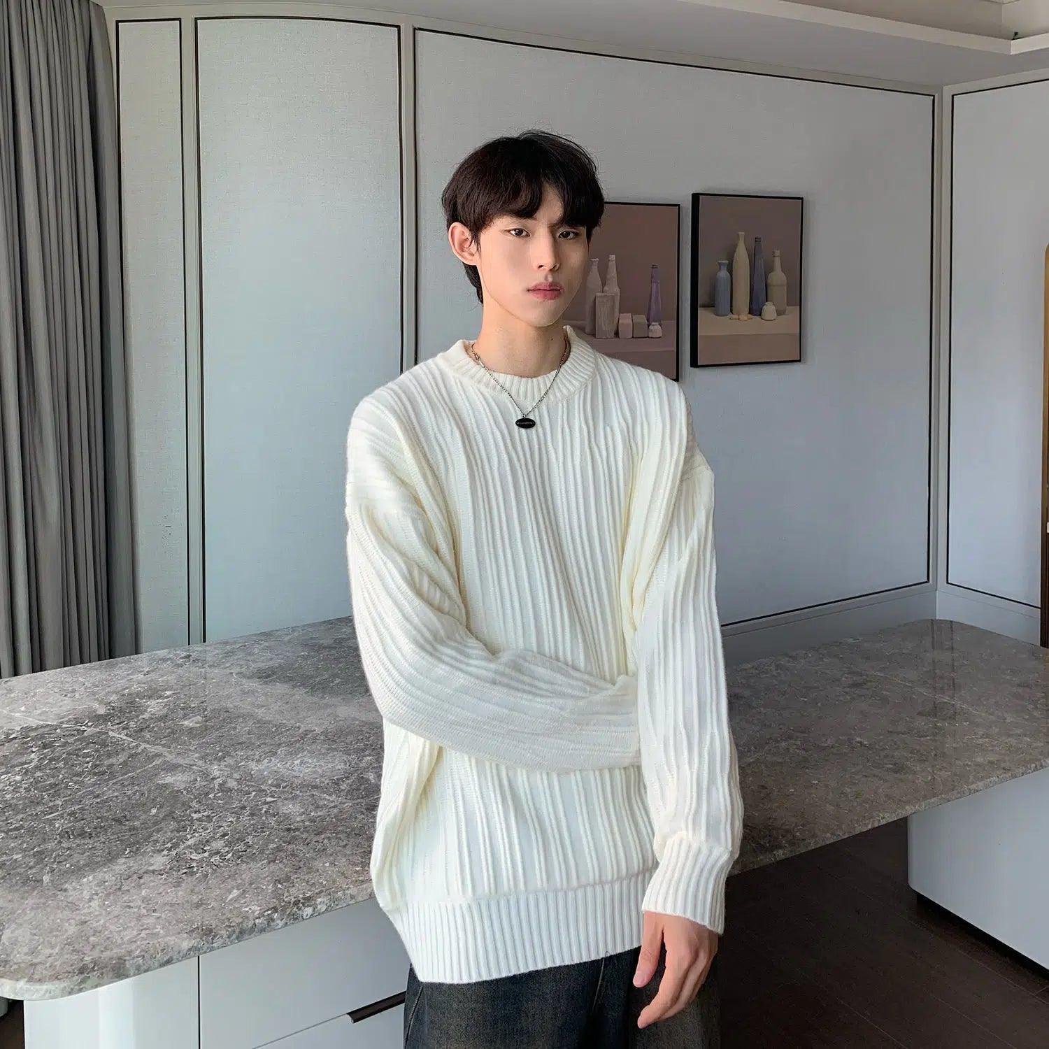 Maxct Vertical Textured Round Neck Sweater
