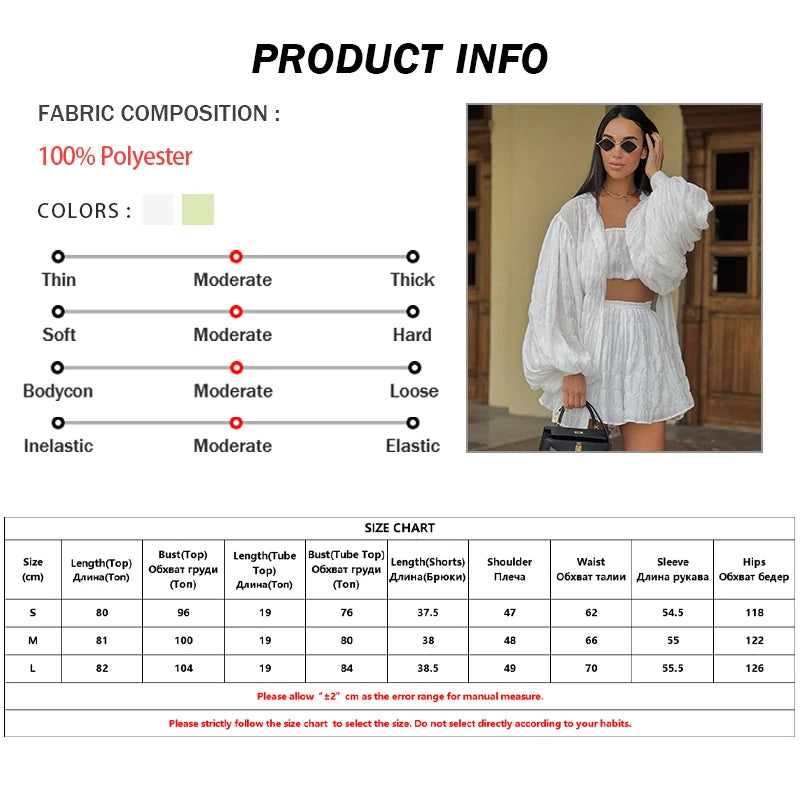 Long Puff Sleeve Shirt Strapless Three-piece Shorts Set