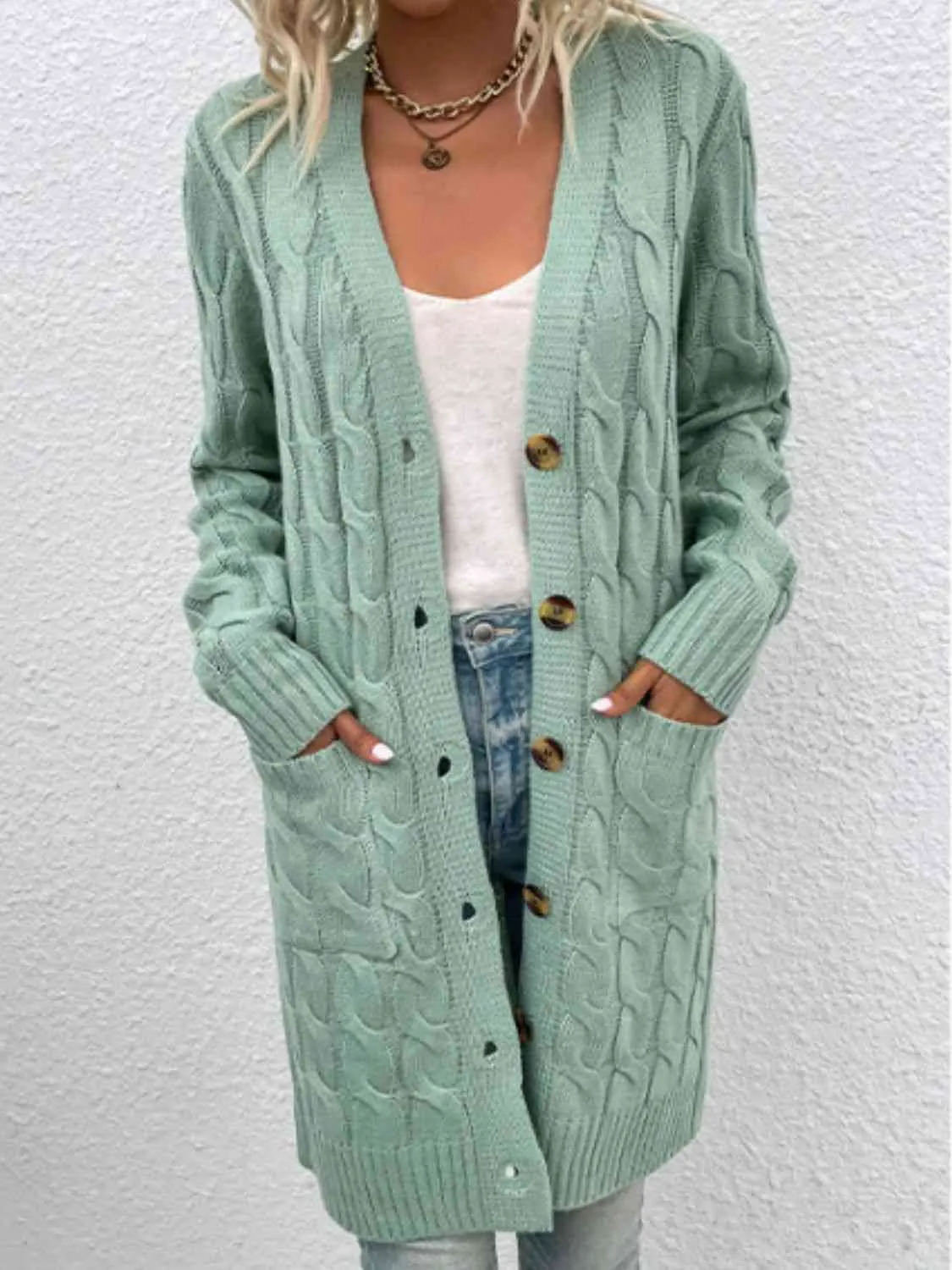 Maxct &Cable-Knit Button Down Cardigan with Pockets