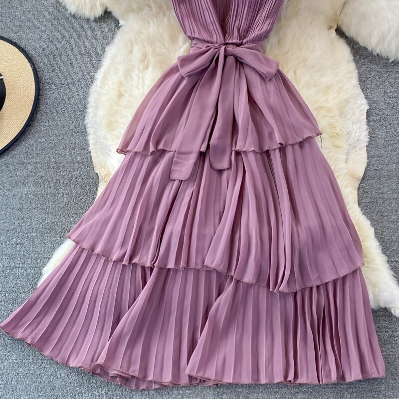 Women's Purple/Pink/Green Draped Dress Vintage Ruffle Stand Collar Sleeveless High Waist Party Pleated Vestidos Female New
