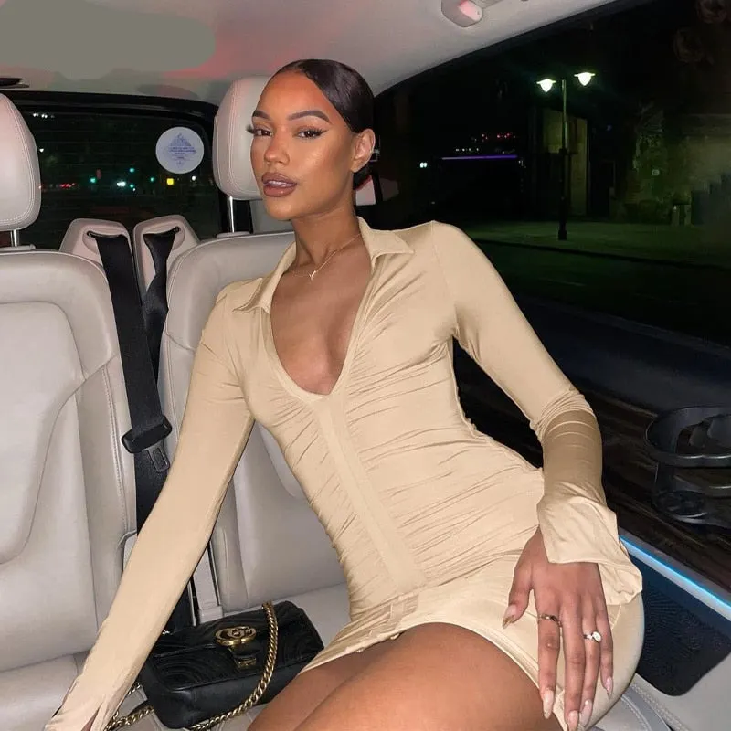Voguable Solid Pleated Polo Neck Long Sleeves Mini Dress Streetwear Y2K Elegant Wear Maxct