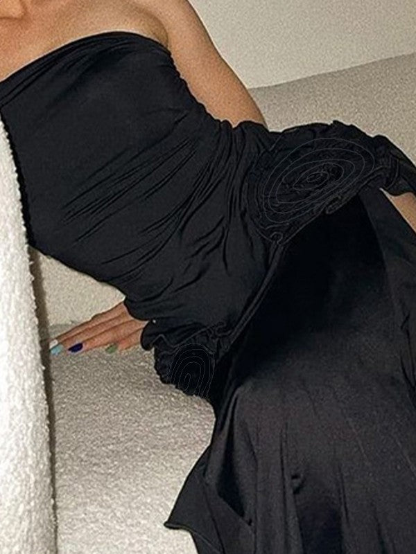 Split Ruffle Mesh Bandeau Maxi Dress Maxct
