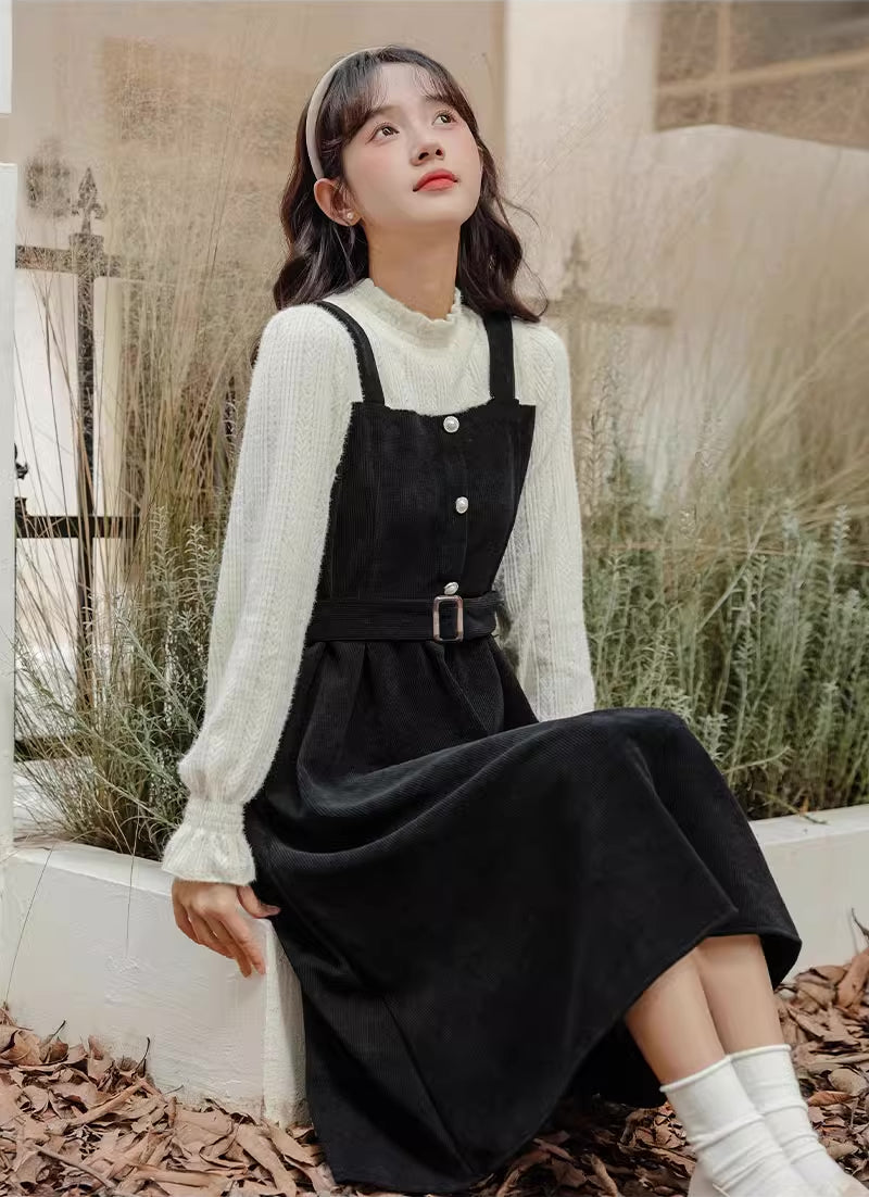 Corduroy Knit Belted Twofer Midi Dress Maxct