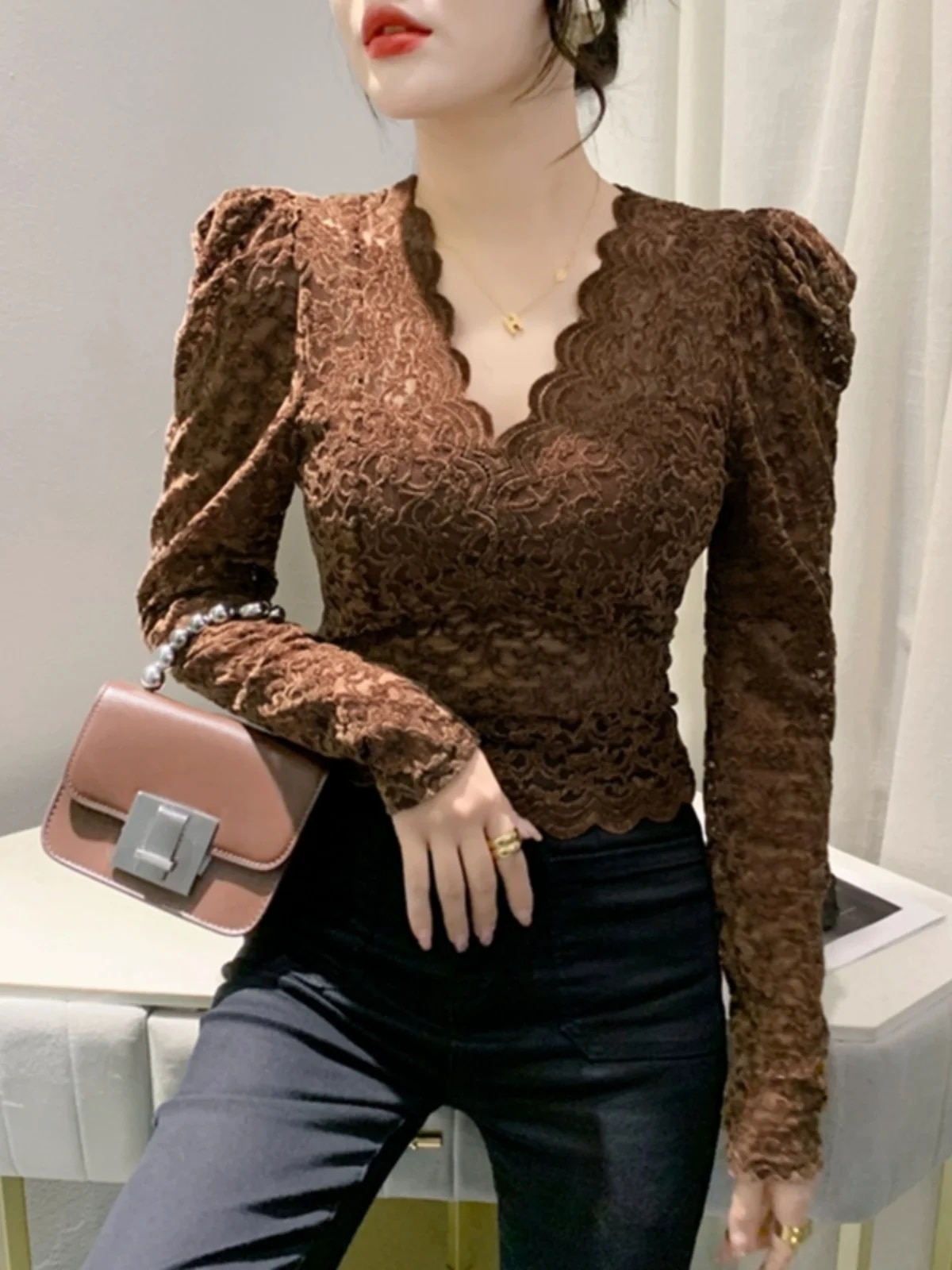Maxct New V-neck Slim Fit Long Sleeve Lace T-shirt for Women V Neck Slim Cropped Tops T Shirts Female Stretch Tee