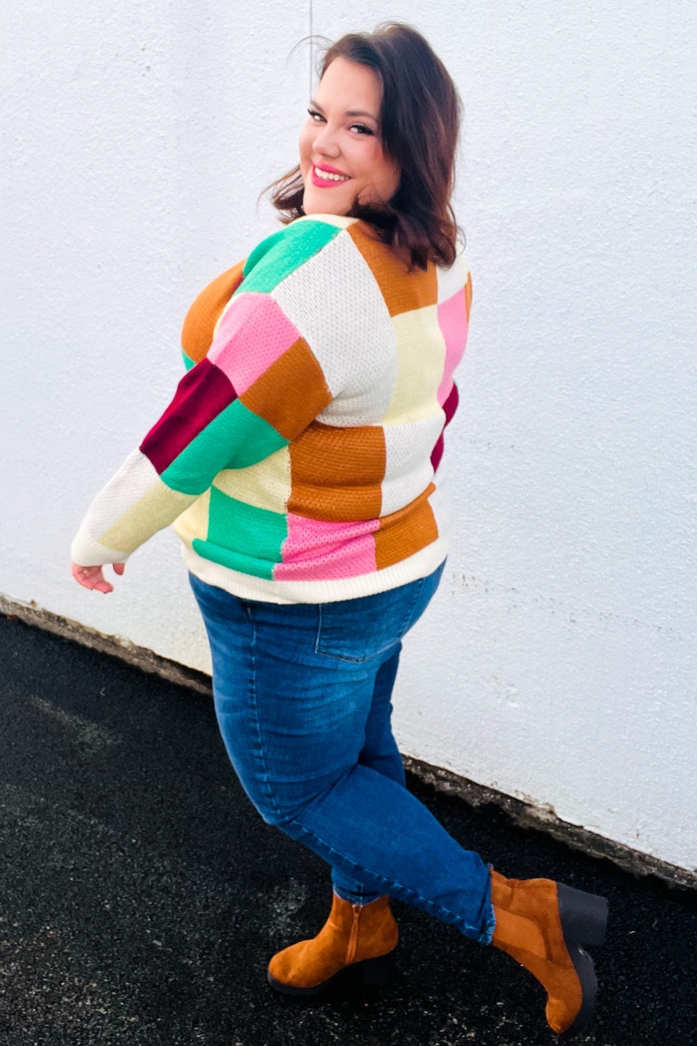 Maxct &Adorable Ivory & Camel Checker Jacquard Knit Sweater