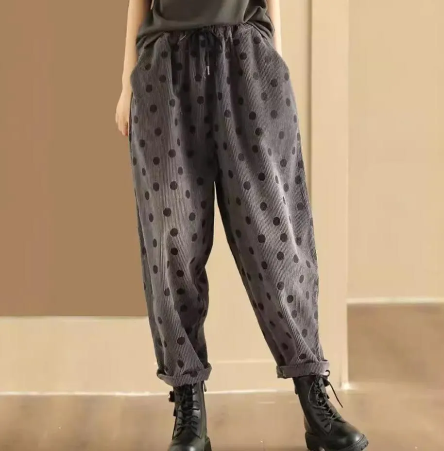 Women Vintage Corduroy Polka Dot Loose Harem Pants