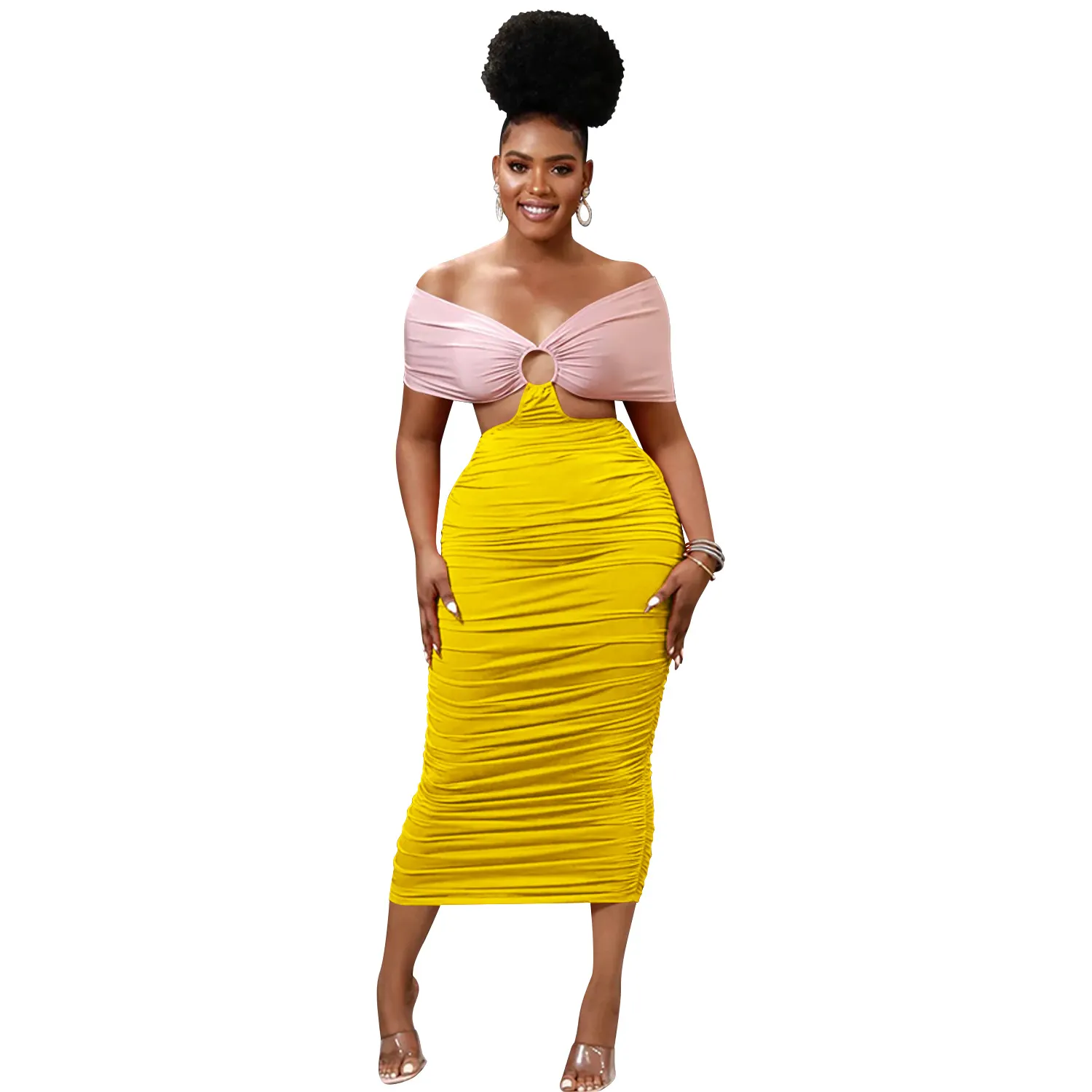 Maxct Maxct Fashion Women's Casual Tight Back Hollow Out Pleated Dress Women's Wear