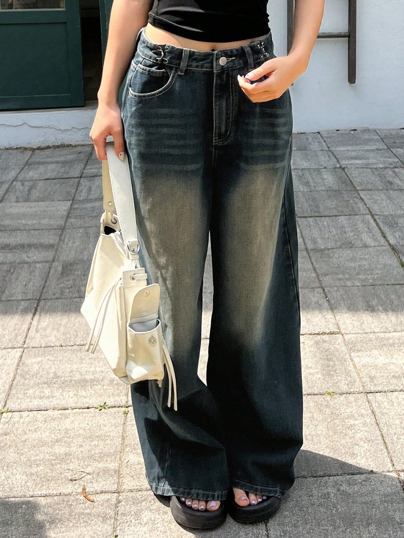 Maxct Women's Fashionable Solid Color Wide Leg Denim Pants