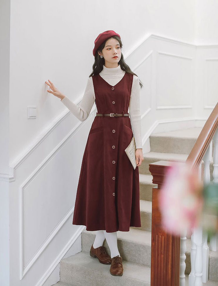 Button Up Suede Pinafore Dress Maxct