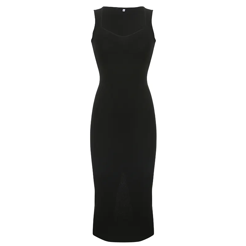 Basic Knit Long Dress Korean Square Collar Sleeveless Dresses Casual Y2k Vintage All-match Outftis