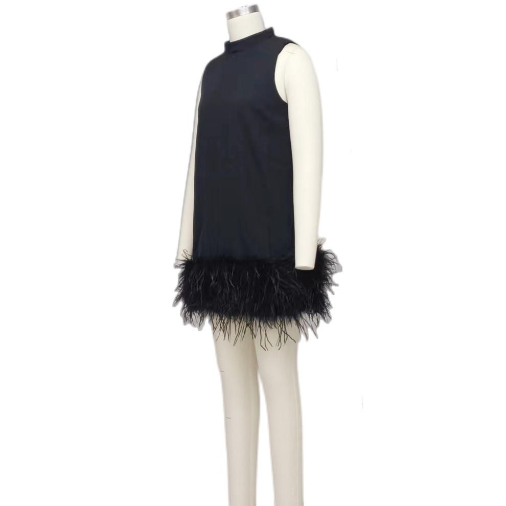 Maxct Australian Fashion Brand Design Sense Fashion Women's High Sense Spring Elegant Black Ostrich Hair Stitching Dress