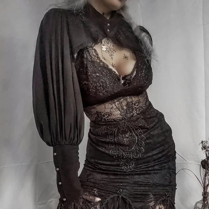 Maxct Women's Gothic Tops Short Blouse Women Featured Lace Wrap Design Dark Court Style High Neck Crop Top