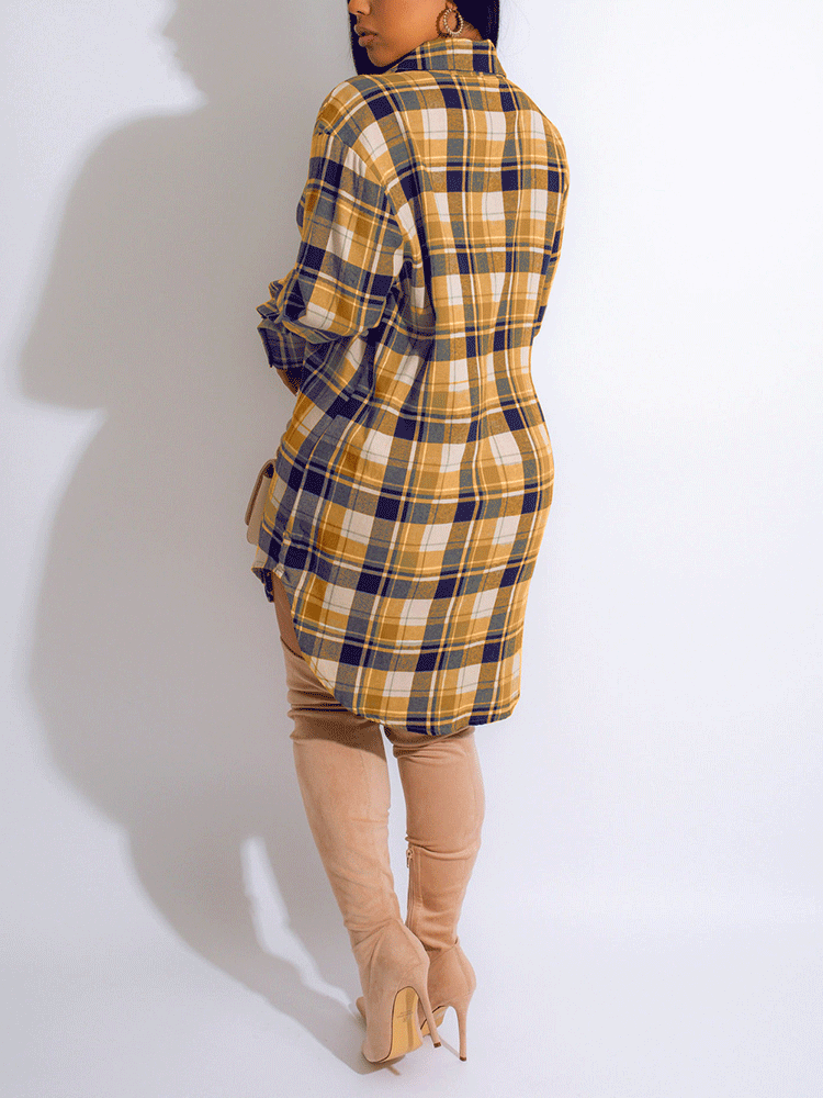 Long Sleeve Plaid Buckle Shirt Dress Maxct