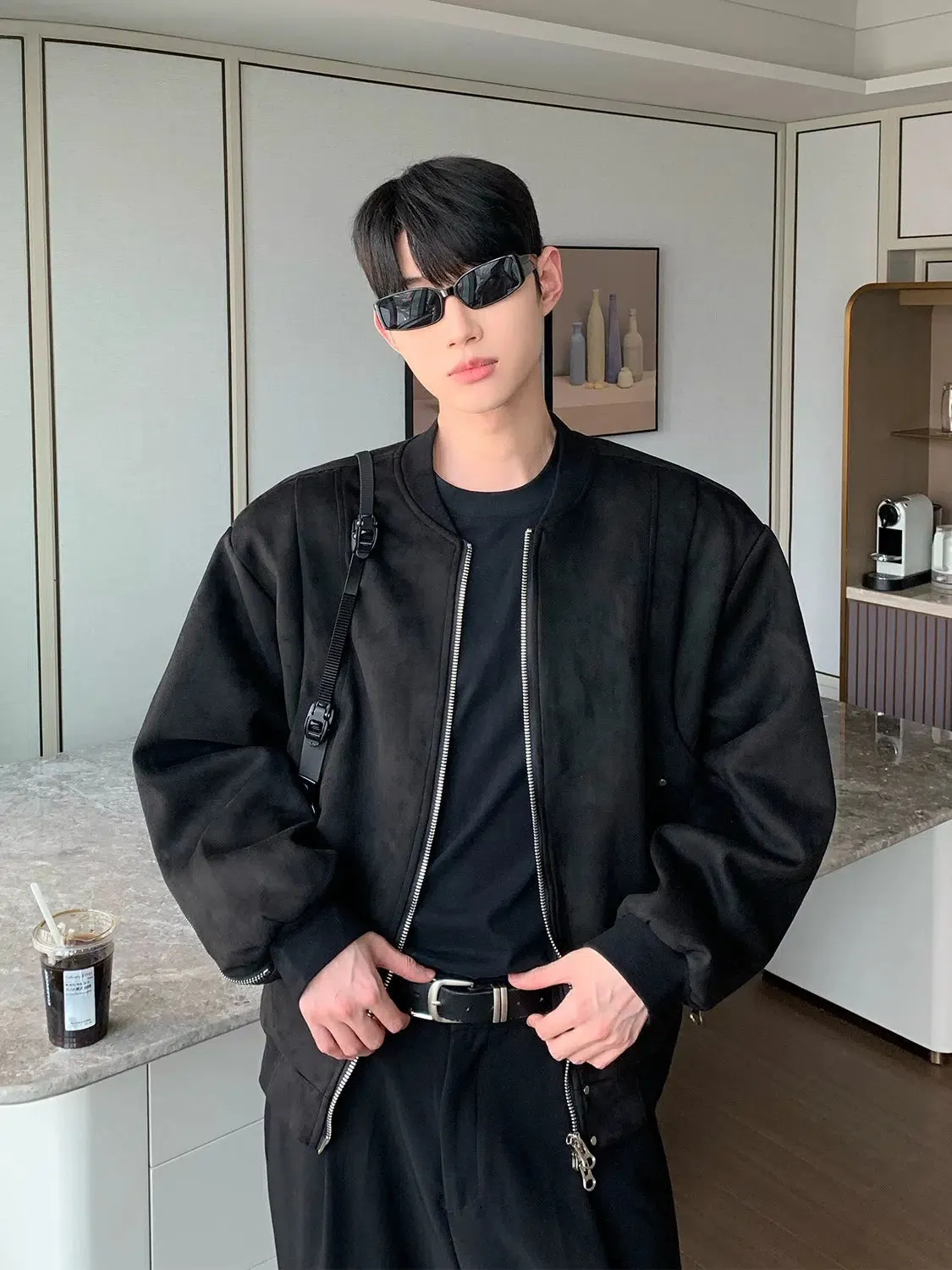 Maxct Zipper Velvet Suede Baseball Jacket