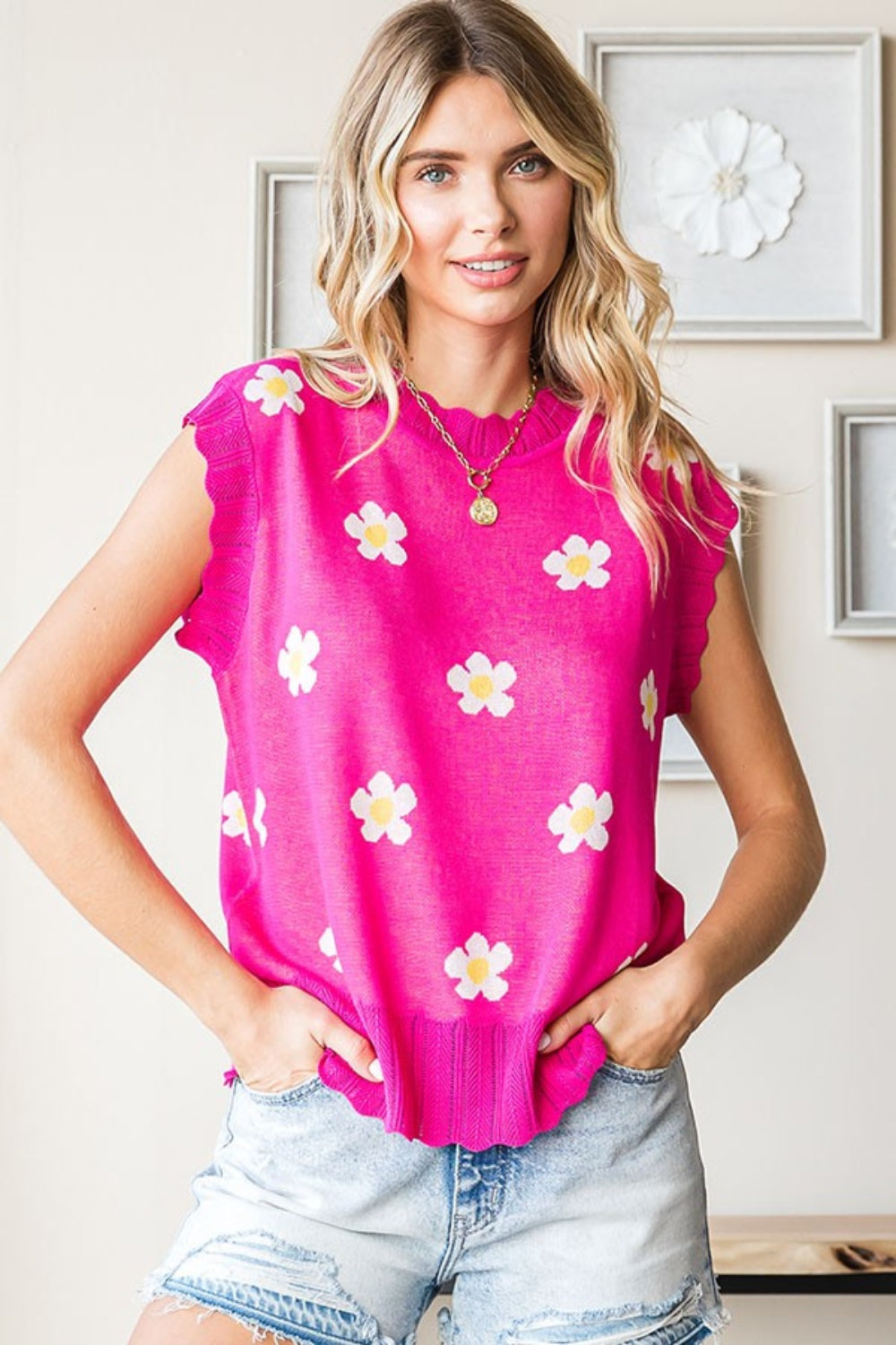 Maxct &First Love Full Size Flower Pattern Round Neck Sweater Vest