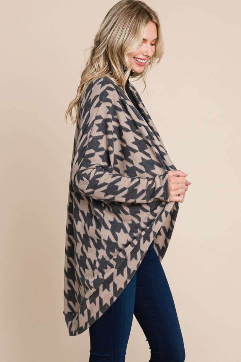 Maxct &BOMBOM Houndstooth Open Front Cocoon Knit Cardigan