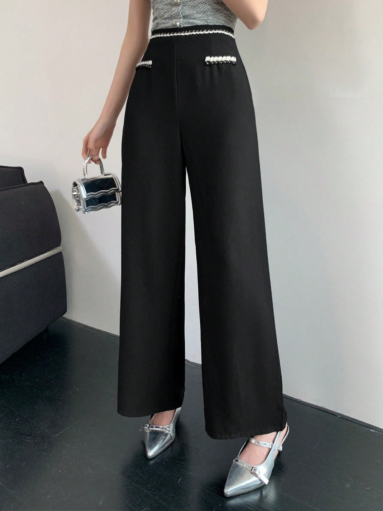Maxct Women's Casual Woven Belt Splice Wide Leg Suit Pants