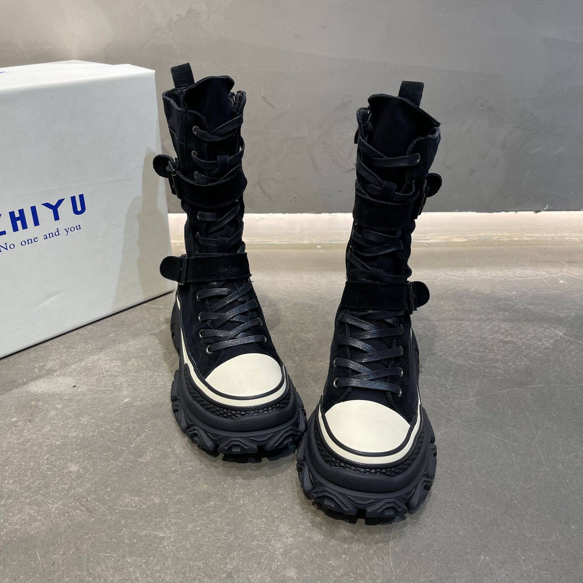 Women's Mid-Calf Leather Motorcycle Boots with Chunky Soles - true deals club