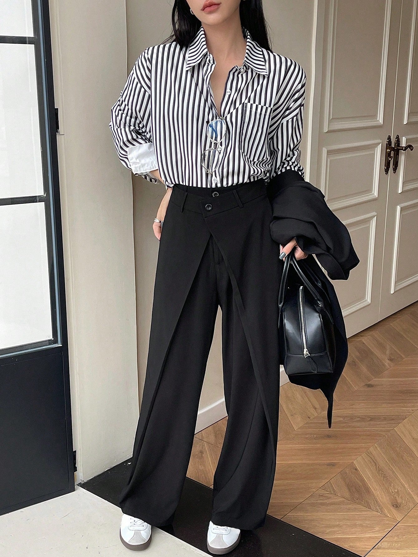 Maxct Solid Color Pleated Casual Straight Suit Pants