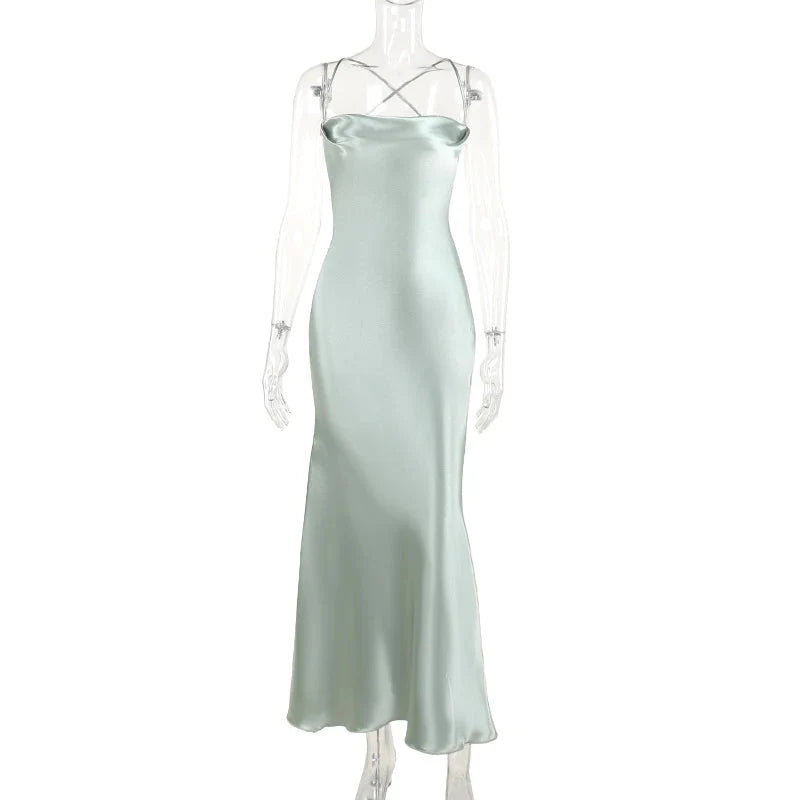 French Elegant Satin Camis Dress Backless Spaghetti Straps Midi Dress Y2K Solid Sleeveless Party Night Vestidos Maxct
